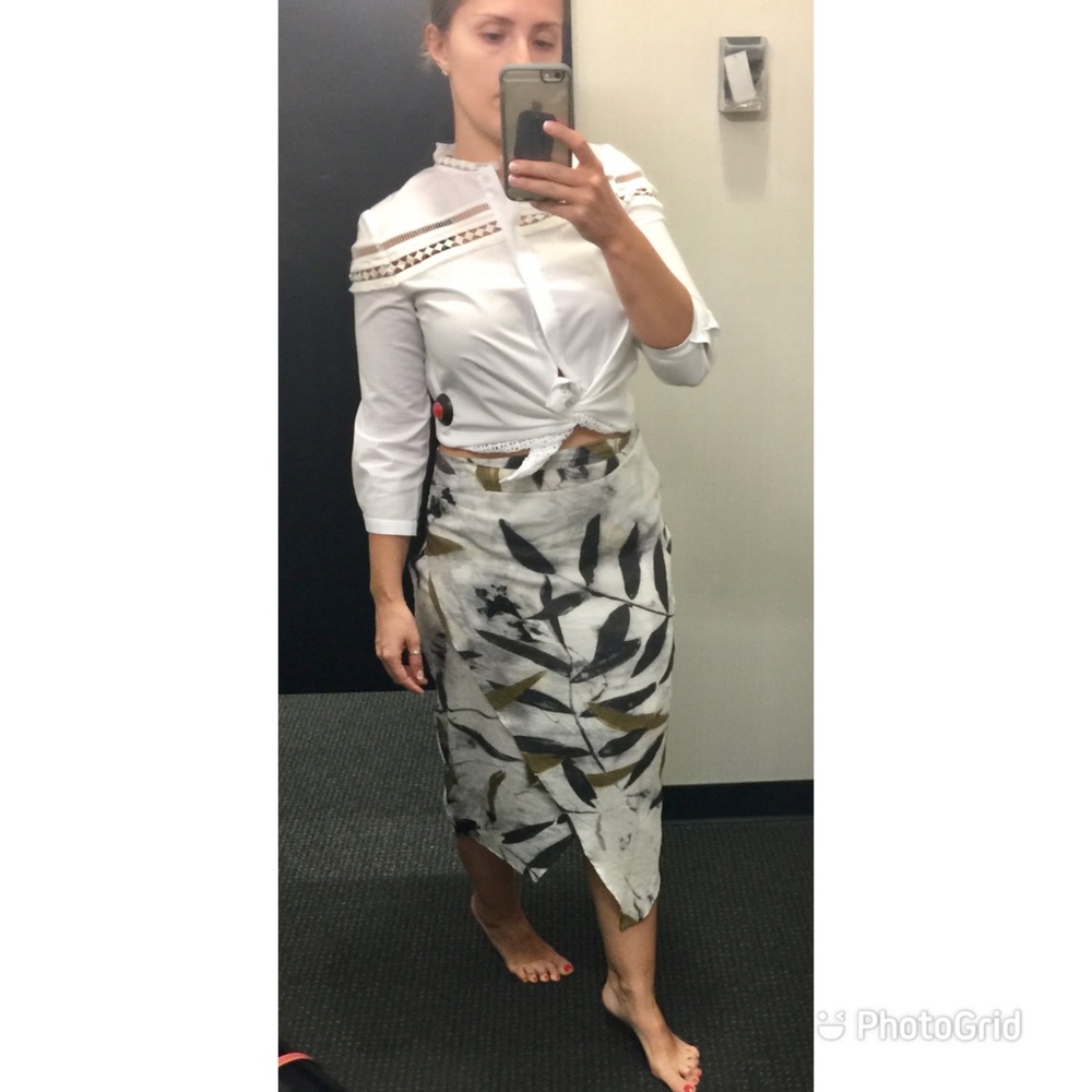 Asymmetrical Leaf-Print Wrap Skirt in White and Olive